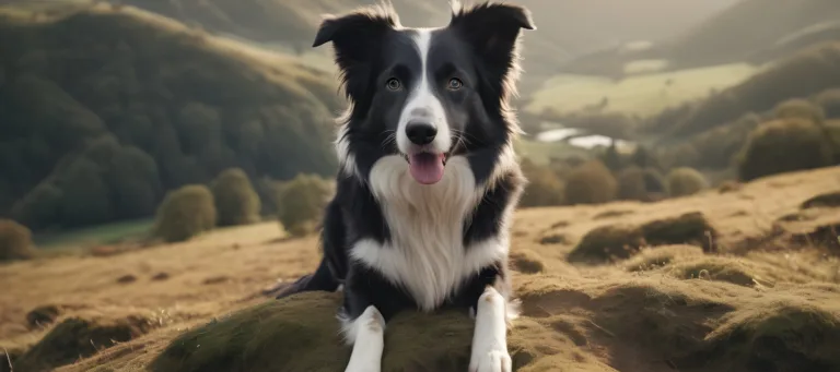 Bordercollie makaa maastossa ja katsoo kameraan