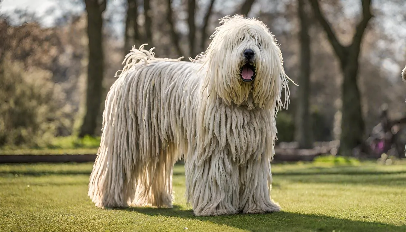 Komondor seisoo puistossa