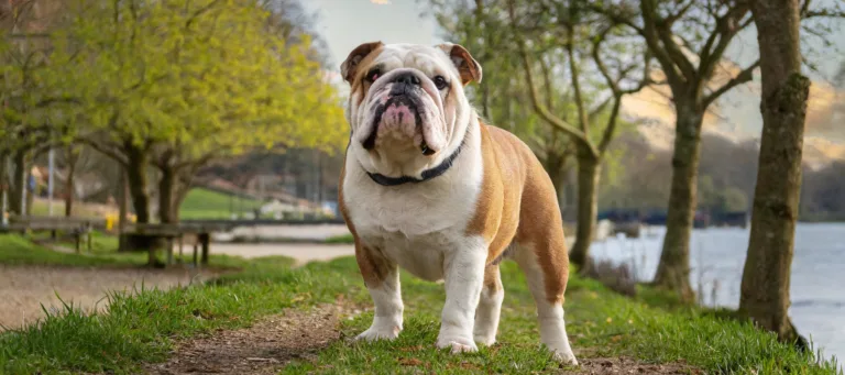Englanninbulldoggi seisoo puistossa