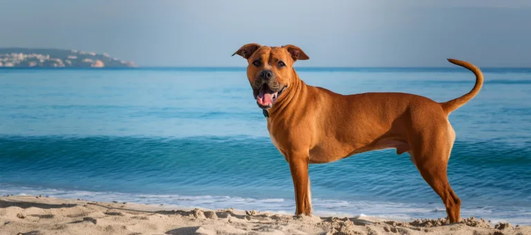 Mallorcandoggi seisomassa rannalla