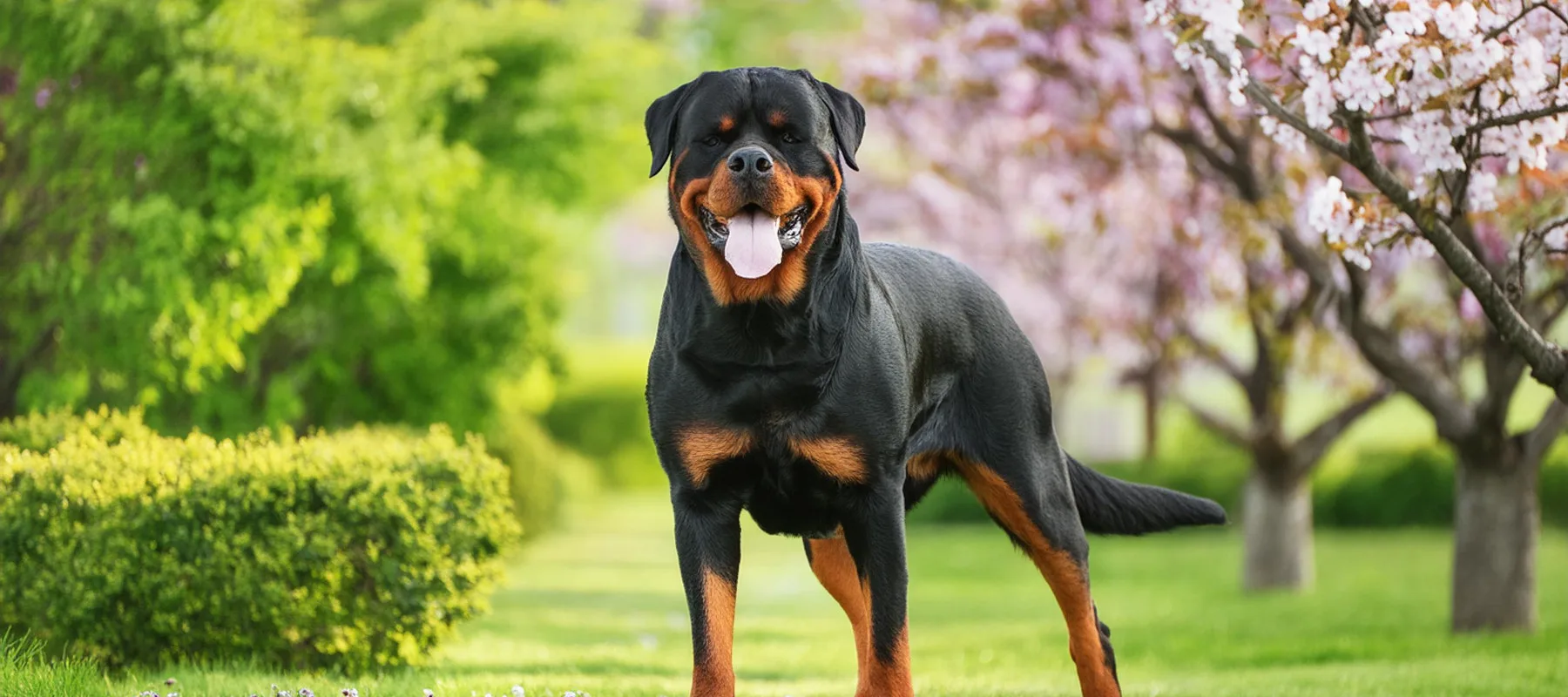 Upea rottweiler seisoo puistikossa.