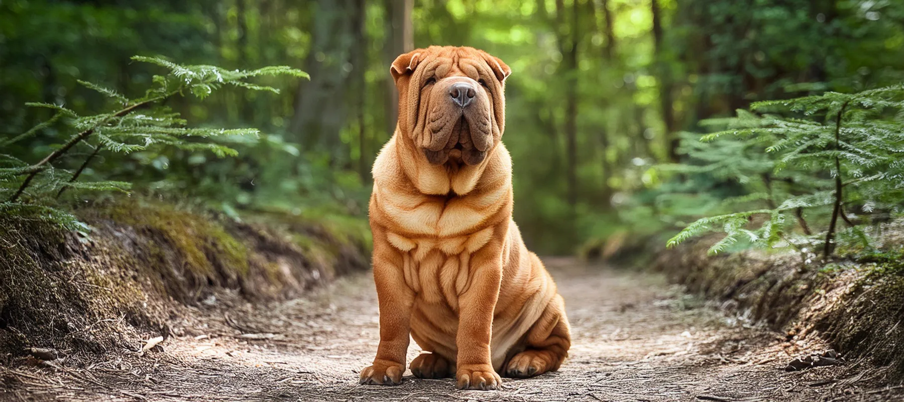 Shar pei istumassa metsässä polulla.