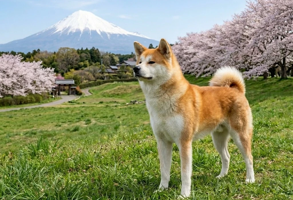 Akita inu seisomassa Fuji-vuoren edustalla