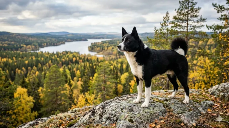 Karjalankarhukoira seisoo sammaleisella kalliolla